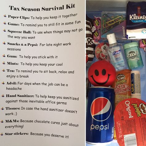 Office / Tax Season Survival Kit Work Survival Kit Ideas Fun, Survival Kit Gifts For Coworkers, Manager Survival Kit Ideas, Office Survival Kit Gift Ideas, Gifts For Accountants, Survival Kits For Coworkers, Tax Season Survival Kit, Work Survival Kit, Office Survival Kit