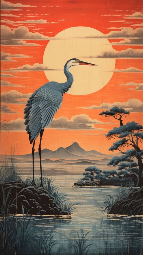 Traditional japanese stunning heron painting | Premium Photo Illustration - rawpixel Crane In Water, Crane Aesthetic, Heron Artwork, Heron Illustration, Loft Vibes, Crane Painting, Giant Crane, Heron Painting, Japanese Traditional Art