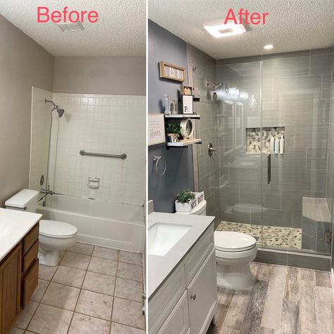 Remodeled Restroom Ideas, Galley Style Bathroom Remodel, Small Master Bath Remodel Before And After, Bathroom Remodel Ideas Small Layout, Small Condo Bathroom Remodel, Mobile Bathroom Remodel, Flip Bathroom Ideas, Old Tub Remodel, Master Bath Renovation Before And After