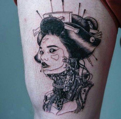 Ghost in the Shell - Robot Geisha | 2019-06-21 Geisha Tattoos, Cyberpunk Tattoo, Chris Garver, Korean Tattoo Artist, Shell Tattoos, Body Horror, Korean Tattoos, Geisha Tattoo, Dragon Sleeve Tattoos