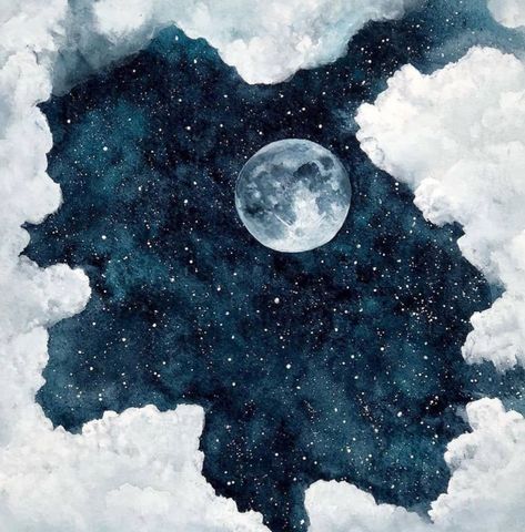 Night Sky Drawing, Watercolor Night Sky, Shades Of Dark Blue, Night Sky Painting, Watercolor Sky, Moon Illustration, Landscape Art Painting, Sky Painting, Artistic Inspiration