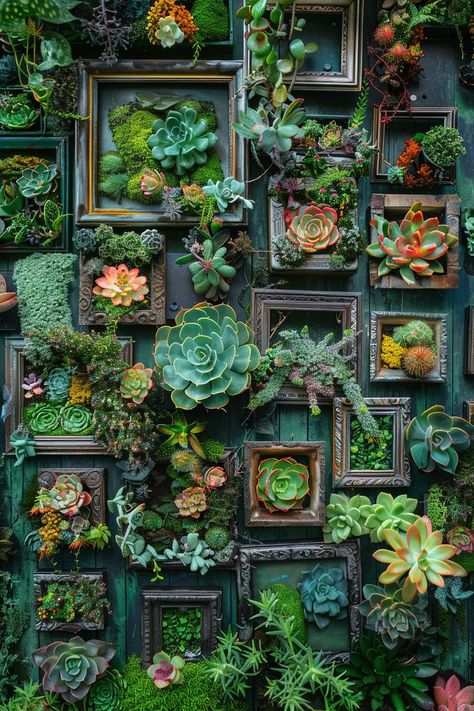 Succulent Arrangements Outdoor Garden, Flower Wall Garden, Whimsical Garden Ideas, Garden Aesthetics, Succulent Frame, Creative Garden Decor, Colorful Planters, Garden Display, Garden Art Ideas