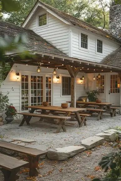 55 Farmhouse Patio Ideas For Charming And Rustic Style Patio Design Layout Backyard Ideas, Patio Designs And Ideas Layout, Apartment Ideas Bloxburg, Farmhouse Patio Ideas, Kismet House, Outdoor Pavillion, Bloxburg Layout, Farmhouse Backyard, Farmhouse Makeover