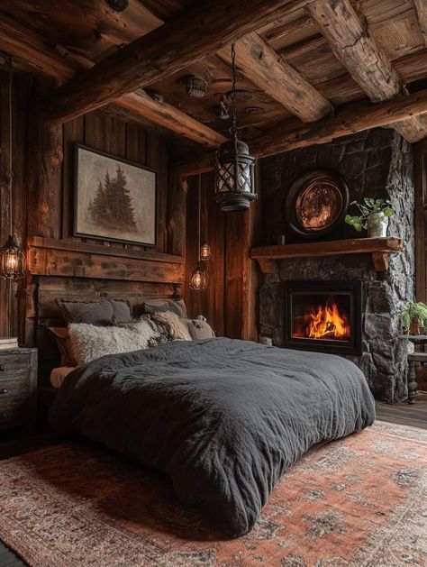 Dark Rustic Bedroom, Viking Bedroom, Cozy Cabin Bedrooms, Rustic Cabin Bedroom, Moody Minimalist, Rustic Bedrooms, Minimalist Bedroom Ideas, Farmhouse Bedroom Decor Ideas, Log Cabin Interior