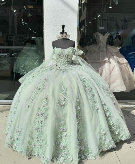 Light Green Xv Dresses, Sage Green Quinceanera Dresses Butterfly, Lime Green Quince Dress, Quncie Dresses Sage Green, Sage Green And Purple Quince Dress, Light Green 15 Dresses Quinceanera, Quinceanera Dresses Light Green, Pastel Green Quinceanera Dresses, Princess And The Frog Quince Dress