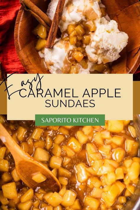 wooden spoon stirring cooked apples in caramel sauce and wooden bowl filled with ice cream and apple caramel topping with two cinnamon sticks Apple Caramel Sauce Recipe, Caramel Apple Ice Cream Topping, Apple Pie Ice Cream Topping, Caramel Apple Sundae, Carmel Apple Sauce Recipes, Apple Topping For Ice Cream, Caramel Apple Sauce Recipe, Fall Ice Cream Sundaes, Apple Pie Ice Cream Homemade