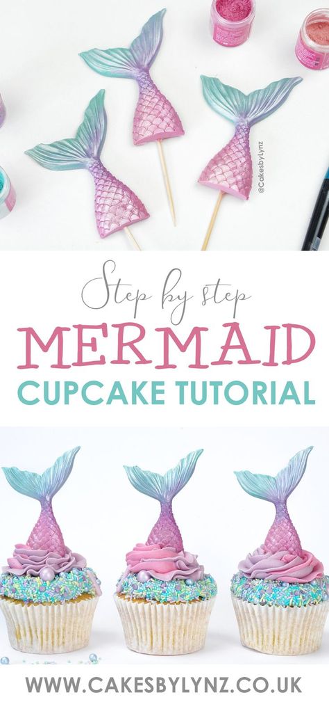 Shimmery Mermaid Tail Cupcake Tutorial - Plus how to pipe buttercream swirl Mermaid Pirate Cupcakes, Chocolate Mermaid Tails, Mermaid Cupcakes Simple, Easy Mermaid Cupcakes Ideas, Diy Mermaid Cupcakes Easy, Mermaid Cupcakes Ideas Easy, Meringue Cupcake Topper, Mermaid Cake Tutorial, How To Make A Mermaid Cake