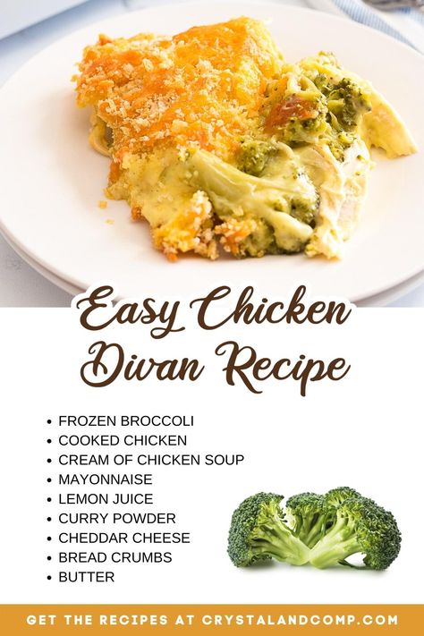 Chicken Divan Casserole Recipes, Easy Chicken Divine Recipe, Chicken Divan With Mayonnaise, Divan Chicken Broccoli, Chicken Divan With Curry Powder, Chicken Divan Paula Deen, Chicken Devan Curry, Crock Pot Chicken Divan, Chicken Broccoli Divan Casserole