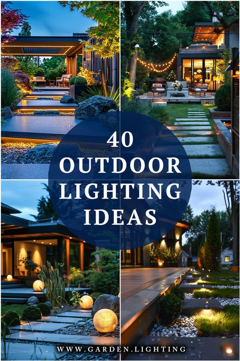 a collage of photos of outdoor lighting ideas Front Patio Lighting Ideas, Lake House Outdoor Lighting Ideas, Outdoor Garden Lights Ideas, Backyard Lighting With Pool, Fun Outdoor Lighting, Outdoor Seating With Lights, Patio With Lights Ideas, Outdoor Ambiance Lighting, Outdoor Accent Lighting Ideas