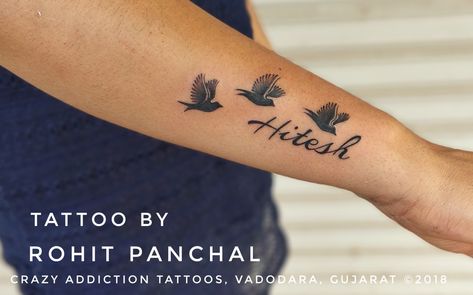 Birds with name of Hitesh tattoo by Rohit Panchal at Crazy Addiction Tattoos Rohit Name Tattoo Design, Hitesh Name Tattoo, Name With Birds Tattoo, Sakshi Name Tattoo, Bird Tattoo Men, Black And White Models, Bird Tattoos, Photoshop Digital Background, Name Tattoo Designs