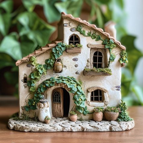 Create your own pocket paradise with our artisan crafted miniature clay houses, transforming your surroundings into a whimsical haven. Clay Houses Art, Clay Mini House Diy, Clay Cottage House, Garden Ceramics Sculpture, Fairy House Sculpture, Clay Houses Architecture, Clay Useful Ideas, Mini Clay House, Miniature Clay Ideas