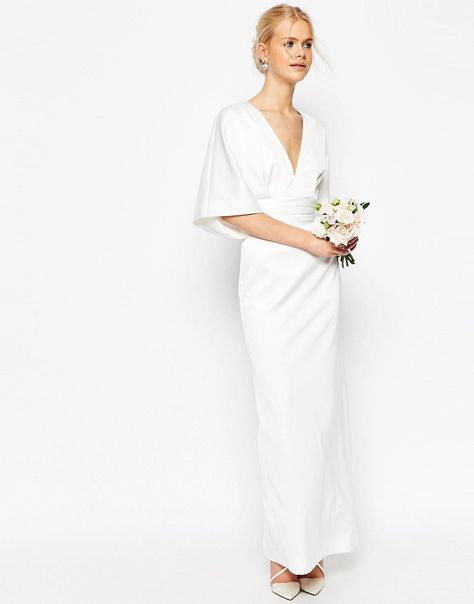 Inexpensive bridal gowns that are beautiful and budget-friendly wedding dresses with lots of style. Wedding dresses under $1000, $500, and even $200! Kimono Wedding Dress, Budget Friendly Wedding Dresses, Asos Bridal, Asos Wedding Dress, Wedding Dresses Under 500, Asos Wedding, Bridal Kimono, Fishtail Maxi Dress, Trendy Wedding Dresses