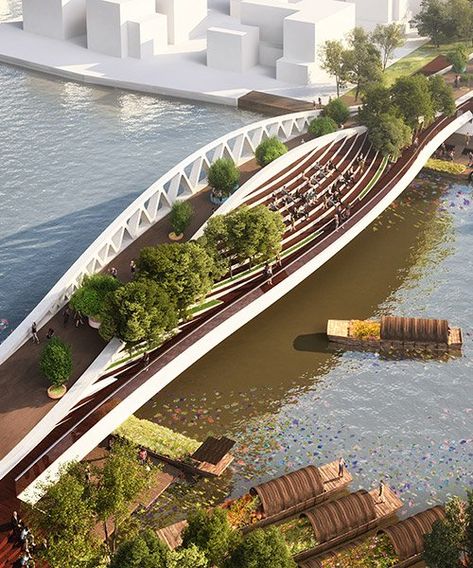 MVRDV's dawn bridge provides viewing platform for pedestrians near shanghai Bridges Architecture, Architecture Bridge, Bridge Structure, Viewing Platform, Urban Landscape Design, Plans Architecture, Desain Lanskap, Landscape Architecture Design, Bridge Design