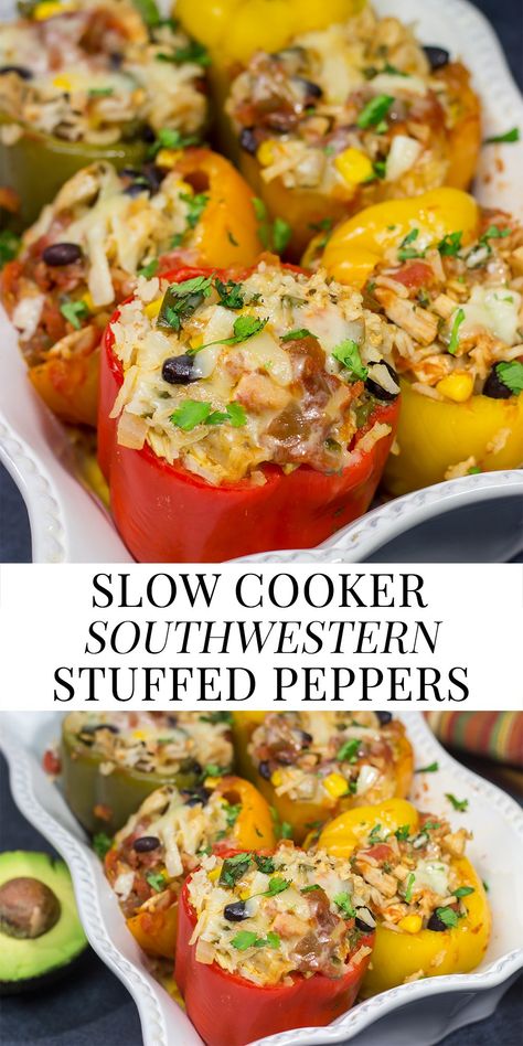 Slow Cooker Southwestern Stuffed Peppers Southwest Chicken Stuffed Peppers, Taco Stuffed Peppers Crockpot, Southwest Stuffed Bell Peppers, Stuffed Peppers Crockpot, Rice Beans Corn, Southwest Stuffed Peppers, Stuffed Peppers With Rice, Crockpot Stuffed Peppers, Slow Cooker Stuffed Peppers