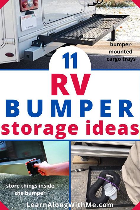 Need more storage space in your RV? The solution may be your RV's rear bumper. 
In this article we look at some RV bumper storage ideas. 
There are various storage accessories that are designed to fit onto the 4-inch square rear bumper of RV's like motorhomes and 5th-wheel campers. 

It isn't recommended to put much weight at the back of a bumper-pulled travel trailer or pop up camper because it can decrease tongue weight and cause sway while driving.

Will one of these work for you?
#rvstorage Rv Hitch Storage Ideas, Camper Tongue Storage, Rv Tongue Storage, Rv Mods Travel Trailers, Class B Rv Storage Ideas, Rv Storage Ideas 5th Wheels, 5th Wheel Camper Ideas, Rv Storage Ideas Travel Trailers, Hose Storage Ideas