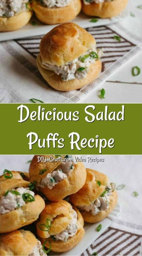 Delicious Chicken Salad in Homemade Puffs - This homemade chicken salad recipe is going to become a new favorite. Served in simple homemade bread puffs, you will wow everyone when you serve these little sandwiches at your next party. Homemade Puffs, Chicken Salad Puffs, Bread Puffs, Homemade Chicken Salad Recipe, Simple Homemade Bread, Little Sandwiches, Homemade Chicken Salad, Chicken Puffs, Homemade Chicken Salads