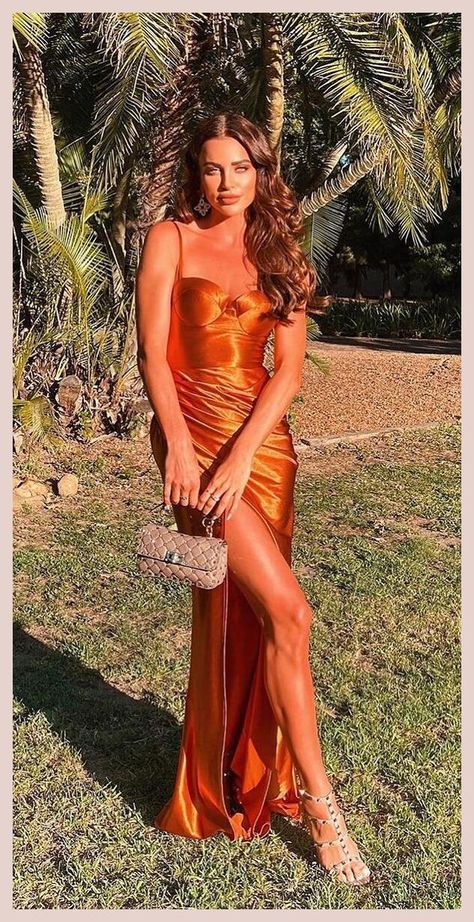 Destination Wedding Attire, Ball Looks, Matric Dress, Dance Fits, Guest Wedding Dresses, Summer Wedding Guest Dresses, Copper Dress, Orange Outfits, Simple Homecoming Dresses