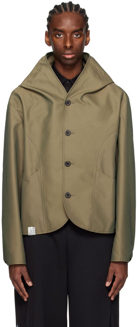 Cotton- and polyester-blend twill jacket. · V-neck · Button closure · Welt pockets · Logo patch at front hem · Shirttail hem · Tucks at cuffs and back yoke · Logo flag at back · Welt pocket at interior · Full logo-woven satin lining Supplier color: Khaki Pockets Fashion Details, Baby Keem, Summer Coat, Tuskegee Airmen, Ader Error, Summer Coats, Collarless Jacket, Twill Jacket, Collar Designs