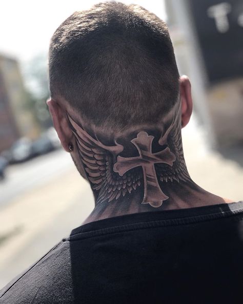 ☠︎Christian Berndt☠︎ on Instagram: “✖️faith gives you wings✖️ . . . #inkedmen #faith #faithtattoo #faithful #religiontattoo #tattooed #tattoo #tattoos #tatts #inkedup…” Back Of Neck Tattoo Men, Wing Neck Tattoo, Cross With Wings Tattoo, Religion Tattoos, Front Neck Tattoo, Wing Tattoo Men, Best Neck Tattoos, Throat Tattoo, Back Of Neck Tattoo