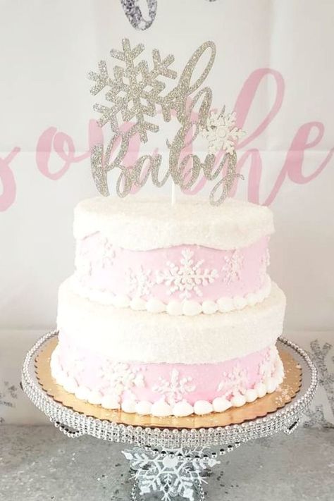 Don't miss this gorgeous snowflake-themed winter baby shower! The cake is so pretty!!  See more party ideas and share yours at CatchMyParty.com  #catchmyparty #partyideas #winterbabyshower #girlbabyshower #snowflakeparty #babyshowercake Winter Baby Shower Cake, Snowflake Is On The Way, January Baby Shower, Winter Wonderland Cake, Baby Shower Themes Neutral, Winter Baby Shower Themes, Girl Shower Themes, Snowflake Cake, Holiday Baby Shower