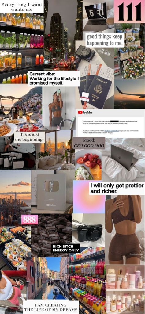 Attracting Money Manifesting Vision Board 2024, Ca Aesthetics, Manifestation Aesthetic Photos, Dream Vision Board Law Of Attraction, That Girl Vision Board, Manifestation Mood Board, Manifest Vision Board, Law Of Attraction Aesthetic, Manifestation Boards