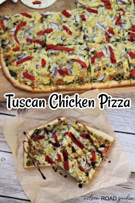 This Tuscan chicken pizza is loaded with all the best toppings like chicken, red onion, roasted bell peppers, and then finished with a drizzle of balsamic glaze. It doesn’t get any better than this! Tuscan Chicken Pizza, Tuscan Pizza, Red Pepper Pizza, Chicken Peppers And Onions, Pizza Toppings Combinations, Roasted Bell Peppers, Biscuit Pizza, Chicken Pizza Recipes, Stuffed Peppers Turkey