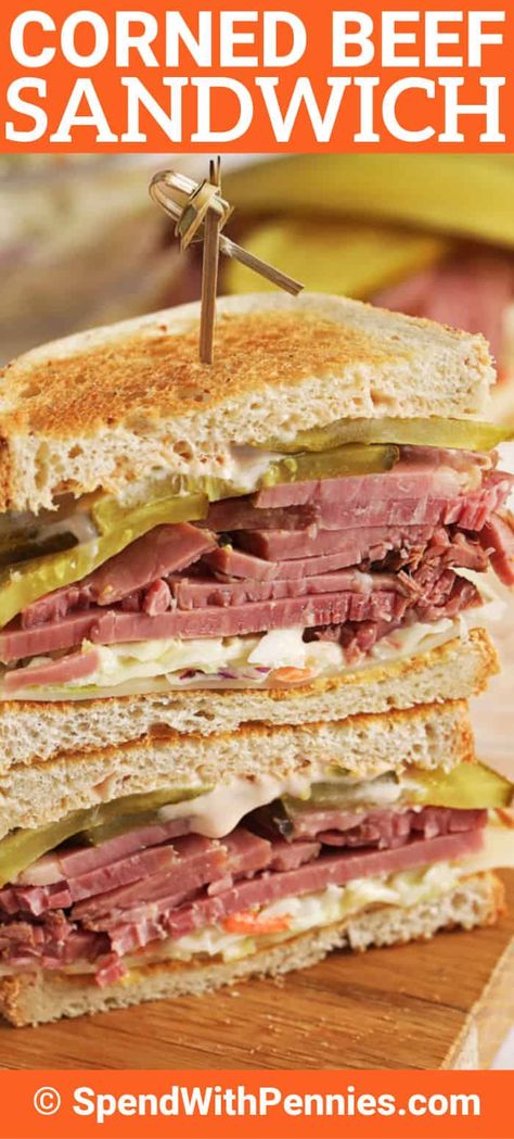 Corned Beef Sandwiches are a great way to use leftover corned beef. Made with coleslaw, swiss cheese, and dijon mustard it is a delicious and hearty recipe. #spendwithpennies #cornedbeefsandwich #leftovercornedbeef #cornedbeef #sandwich #lunch Corn Beef Sandwich Ideas, Corned Beef Sandwich Ideas, Corn Beef Sandwich, Corned Beef Sandwich Recipe, Corned Beef Sandwiches, Corned Beef Leftovers, Turkey Sandwiches Recipes, Beef Sandwich Recipes, Corned Beef Sandwich