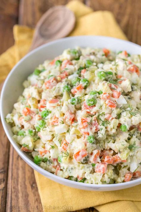 Chicken Olivye (Chicken Potato Salad) - NatashasKitchen.com Chicken Potato Salad Recipes, Russian Chicken, Russian Salad Recipe, Chicken Potato Salad, Russian Potato Salad, Olivier Salad, Ukrainian Food, Chicken Potato, Russian Food