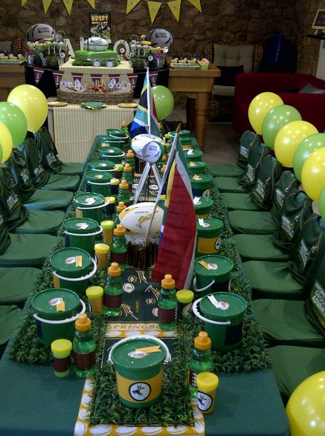 Pick & Party - Springbokke Theme Springbok Party Ideas, Rugby Birthday Party Ideas, Springbok Rugby Cake, Rugby Party Ideas Kids, Rugby Theme Party Ideas, Springbok Rugby Theme Party Ideas, Springbok Rugby Party, Rugby Party Ideas, Africa Theme Party