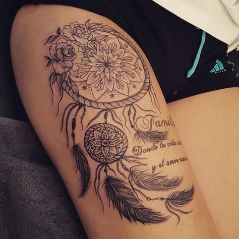 Dreamcatcher Tattoo Forearm For Women, Feather Tattoos Thigh, Leg Dream Catcher Tattoo, Dream Catcher Tattoo Leg, Dreamcatcher Tattoo Arm For Women, Moon Dreamcatcher Tattoo Thigh, Dream Catcher Floral Tattoo, Thigh Tattoos Dream Catcher, Dreamcatcher Hip Tattoo