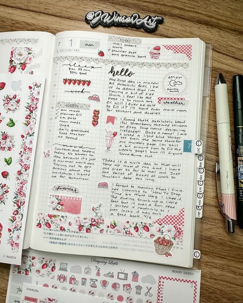 Hello July. First day in my new A5 Hobonichi Avec. Have to admit I was a little intimidated by the new page size. More room to fill! But I ended up with plenty to write. Absolutely loved using these strawberry themed stickers. So pretty! 📜 @hobonichi_global Hobonichi cousin planner Stickers by @designingliefdedgtl Watermark by @rees.designs #planning #journals #hobonichi #hobonichitecho #hobonichicousin #hobonichiavec #fillednotebooks #plannerstickers #plannerspread #planneraddict #bulletjou... Hobonichi Cousin Layout Ideas, Planner Handwriting, Hobonichi Ideas, A5 Hobonichi, Bujo Journaling, Hobonichi A6, Hello July, Hobonichi Planner, Hobonichi Cousin