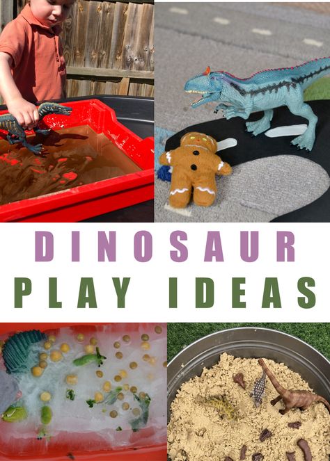 Dinosaur play ideas for kids - make an ice excavation, dinosaur swam, dinosaur tea party and lots more dinosaur play ideas for kids #dinosaursforkids #sensoryplay How Do Dinosaurs Play With Their Friends Activities, Dinosaur Water Activities, Dinosaur Themed Sensory Play, Dinosaur Dig Sensory Bin, Frozen Dinosaur Eggs Sensory Play, Early Years Science, Dinosaur Activities Preschool, Dinosaur Play, Dinosaur Alphabet