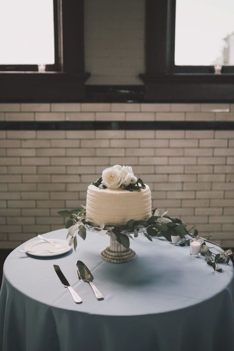 simple wedding cake table with roses and eucalyptus Small Wedding Cake Stand, Small Cake Display, Single Tier Wedding Cake Display, Wedding Cake Table Decorations Simple, Wedding Cake Table Minimalist, Simple Cake Table Wedding, Cake Table Wedding Simple, Simple Wedding Cake Table Ideas, Small Wedding Cake Table