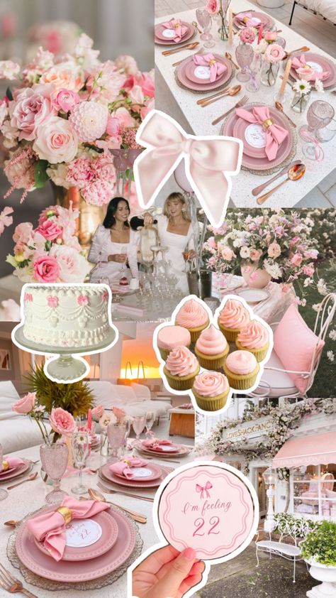 Pink birthday party inspo. Pink table setting. Coquette birthday cake Birthday Flower Theme Decoration, Pink Themed 18th Birthday Party, Pink Coquette Party Theme, Tea Party 30th Birthday, Sweet 16 Light Pink Theme, Antique Birthday Party Ideas, Pink Bday Party Ideas Aesthetic, Coquette Party Aesthetic, Pink Food Table