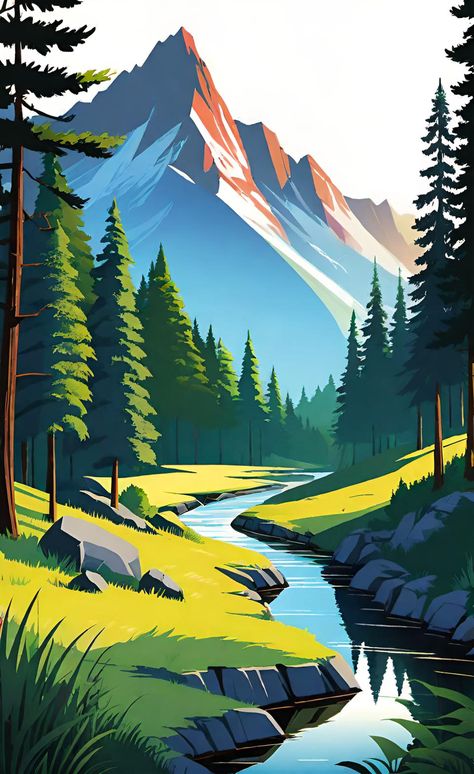 Nature landscape illustration Anime Landscape Illustration, Camping Scene Illustration, 2d Landscape Illustration, Simple Landscape Illustration, Vector Landscape Illustration, Adventure Graphic Design, Procreate Landscape, Nature Illustration Art, Mountain Landscape Illustration