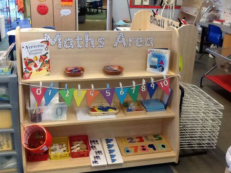 Math Corner Classroom Ideas Kindergarten, Early Years Numeracy Area, Nursery Maths Area, Maths Area Nursery, Math Area Preschool, Eyfs Maths Area, Maths Area Eyfs, Montessori Classroom Layout, Math Corner