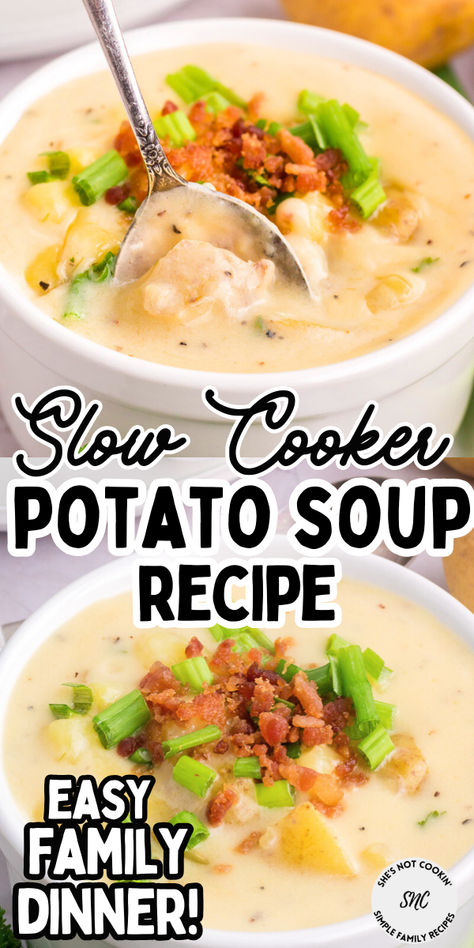 Slow cooker pottao soup in a white bowl with a spoon. Potato Soup With Real Potatoes, Potato Soup Crock Pot Easy, Slow Cooker Potato, Potato Bacon Soup, Slow Cooker Potato Soup, Slow Cooker Potatoes, Cheesy Potato Soup, Crock Pot Potatoes, Potato Soup Easy