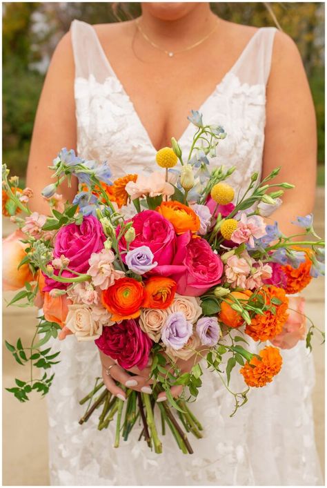 Daniel's Vineyard Colorful Fall Wedding » Monica Brown Photography Orange Peach Purple Wedding, Colorful October Wedding, Colorful Fall Wedding Bouquet, Colorful Bridal Bouquet Fall, Colorful Fall Bouquet, Rustic Colorful Wedding, Multi Color Wedding Theme, Vivid Fall Wedding, Wedding Fall Color Schemes