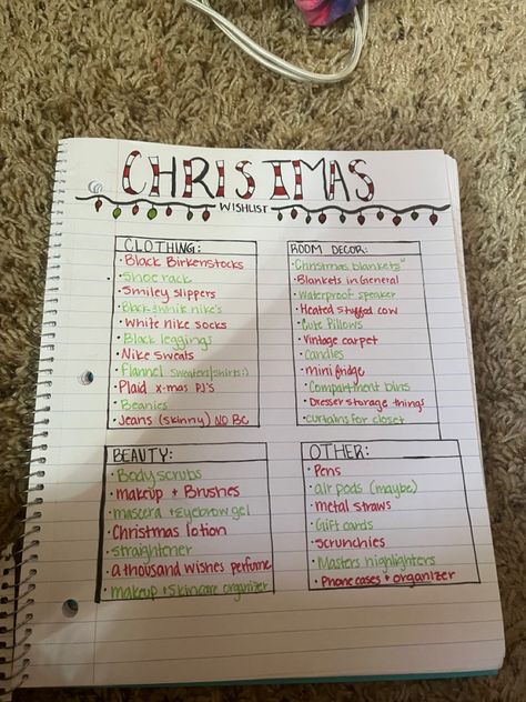 Christmas List Organization, Christmas List Outline, Christmas Wish List Aesthetic Paper, Christmas List Ideas Design, Cute Christmas Wish List Ideas On Paper, Christmas List Ideas For Kids, Christmas List Aesthetic Writing, Christmas Wish List Ideas On Paper, Making A Christmas List