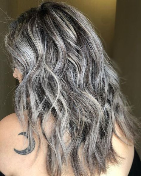 Hair With Gray Highlights, Grey Blending Hair, White Hair Highlights, Gray Highlights, Grey Blending, Platinum Hair Color, Gray Balayage, Black Wavy Hair, Grey Hair Transformation