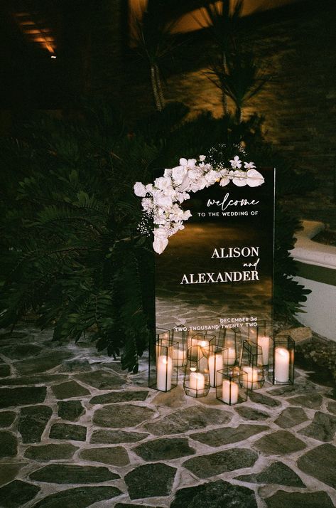 Elegant Engagement Decorations, Wedding Backdrop With Candles, All White Wedding With Black Accents, Wedding Table Head Table, Dark Wedding Vibes, Engagement Party Florals, Bar Wedding Reception Decor, Black And White Wedding Arch, Old Money Wedding Reception