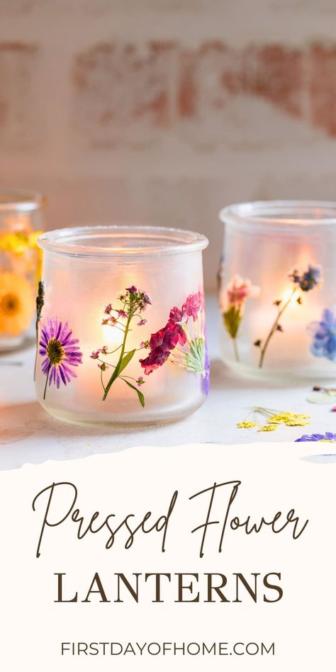 Create pressed flower lanterns in minutes with this quick tutorial. Get tips on where to find pressed flowers or how to make them at home. This craft is a great choice for kids and makes a delightful DIY gift for loved ones. #flowercrafts #glasscrafts #diygifts #pressedflowers #firstdayofhome Dried Flower Mod Podge, How To Press Flowers At Home, Decoupage Dried Flowers, Craft Weekend Ideas, Pressed Flower Pumpkin Diy, What To Make With Pressed Flowers, Wild Flower Crafts, Unique Project Ideas, What To Do With Pressed Flowers Diy