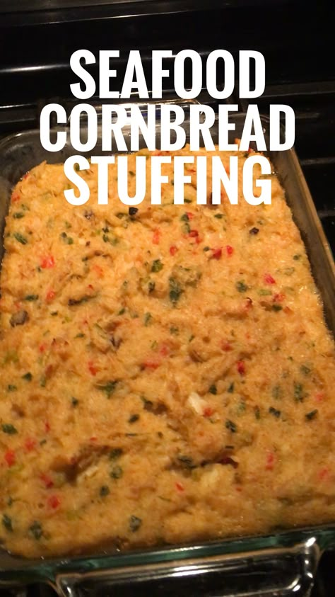 Savannah Seafood Stuffing, Crawfish Dressing Cornbread, Seafood Cornbread Dressing Louisiana, Seafood Dressing Louisiana, Seafood Stuffing Recipes, Cajun Stuffing, Shrimp Cornbread, Seafood Cornbread Dressing, Seafood Cornbread