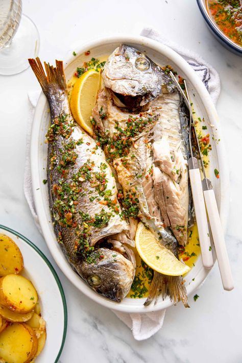 Sea Bream Recipes Whole, Bream Fish Recipe, Sea Bream Recipes, 2023 Challenge, Cooked Fish, Baked Fish Recipes, Sea Bream, Weekend Dinner, Healthy Baked