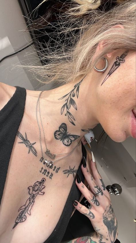 Butterfly Tattoo On Front Neck, Insect Neck Tattoo, Delicate Throat Tattoos Women, Chest And Throat Tattoo Female, Neck Designs Tattoo, Edgy Neck Tattoo, Neck Tats Women Words, Vines Neck Tattoo, Woman’s Neck Tattoo