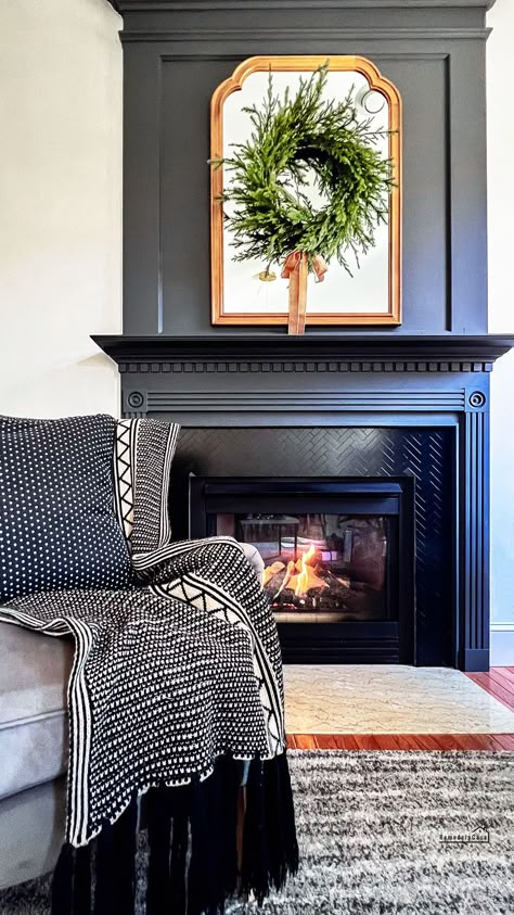 Fireplace makeover in family room. Colored Fireplace Painted, Dark Painted Fireplace, Black Fireplace Makeover, Dark Fireplace Mantle, Painted Mantle Ideas, Vintage Fireplace Ideas, Painted Fireplace Surround, Focal Point Living Room, Gas Fireplace Makeover