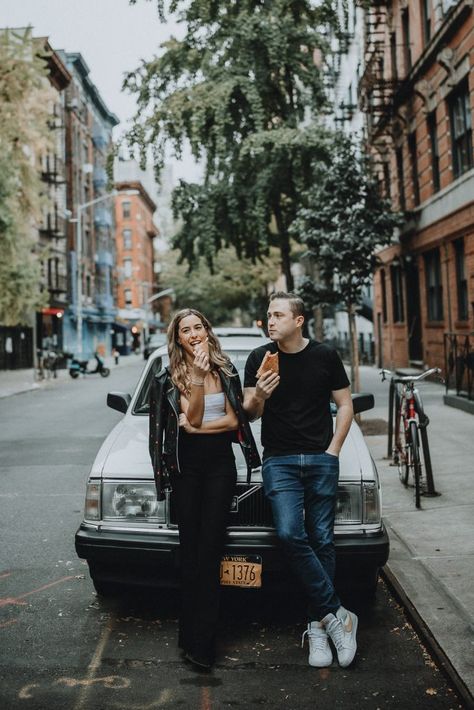 A Couple Session in the Greenwich Village of NYC Couple Photoshoot City Outfit, New York Prenup Shoot, Fall City Couple Photoshoot, Couple In City Photography, Nyc Pizza Photoshoot, Goofy Photoshoot Ideas, Brooklyn Nyc Photography, Nyc Engagement Shoot Fall, Neighborhood Couples Photos