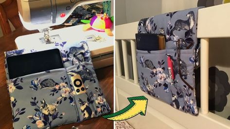 Easy To Sew Chair/Bed Pocket Organizer Sewing Projects For Gifts, Caddy Diy, Bed Caddy, Bedside Pocket, Hanging Storage Pockets, Nursing Home Crafts, Chair Pockets, Remote Caddy, Bed Organiser