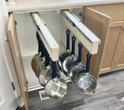 Pot And Pan Organizer, Pan Hanger, Pan Organizer, Kitchen Wardrobe Design, Pot And Pans Organization, Kitchen Layout Plans, Pot Storage, White Slides, Kitchen Wardrobe