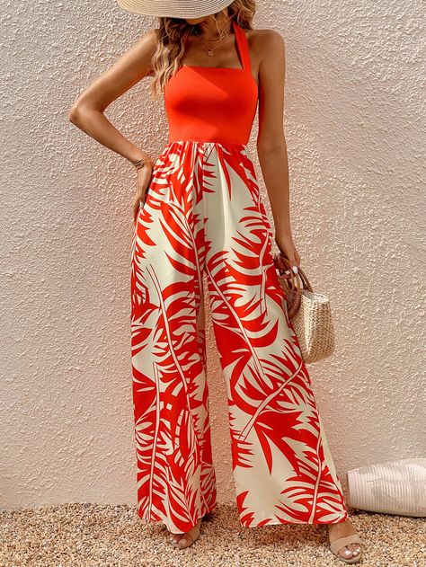 Orange Boho Collar Sleeveless Woven Fabric Tropical Other Embellished High Stretch  Women Clothing Diy Tropical Outfit, Tropical Party Outfit Women, Tropical Style Fashion, Tropical Chic Outfit, Tropical Outfits For Women, Tropical Dress Outfit, Tropical Party Outfit, Pool Party Fashion, Tropical Outfits